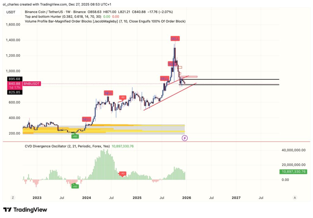 BNB price chart in weekly with order block and CVD