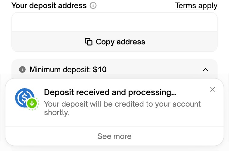 A screenshot of the deposit page on the Polymarket website
