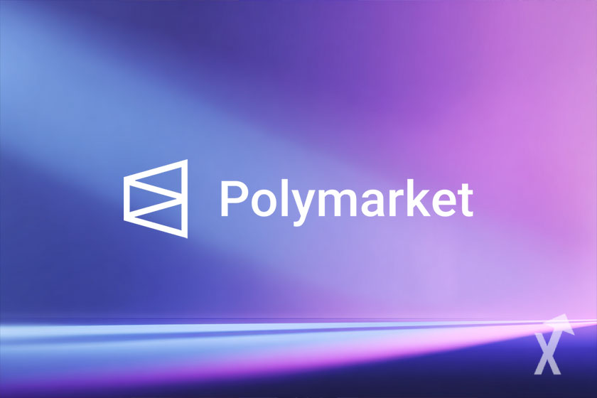 "White Polymarket logo on blue to purple gradient background"