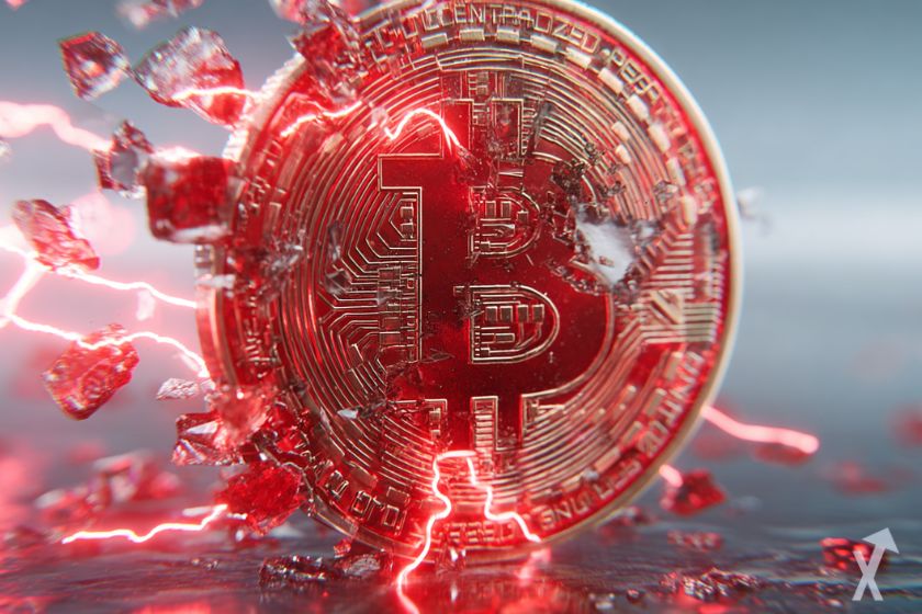 Red 3D bitcoin coin, electric crackling.