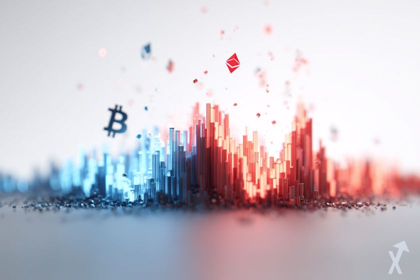 Bitcoin and Ethereum logos with candles.