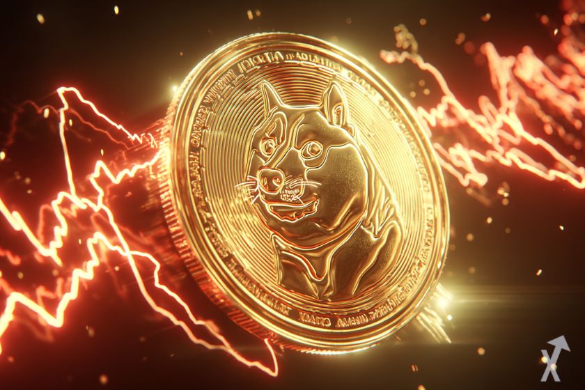 Golden 3D dogecoin on black background, red neon electricity.
