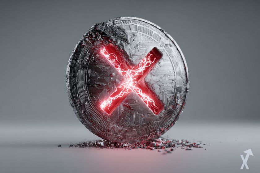 "Gray 3D XRP coin with red X and electricity on gray background"