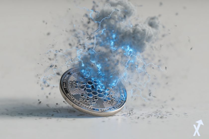 3D grey cardano ada coin with blue electricity.