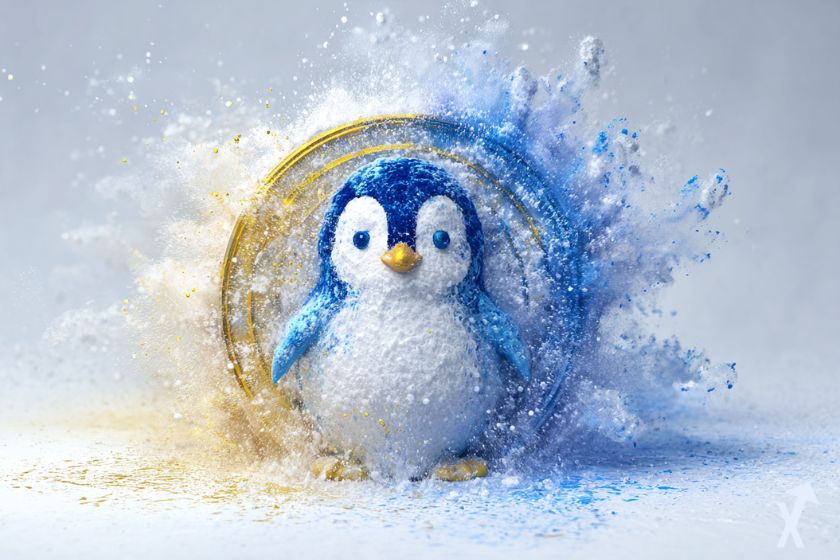 "3D penguin coin in snow explosion"