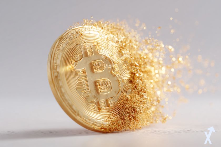 Golden 3D bitcoin coin on white background.