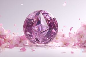 3D Ethereum coin in purple diamond.