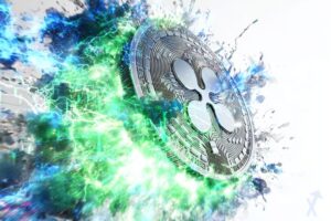 Gray 3D XRP coin with colorful electric explosion.