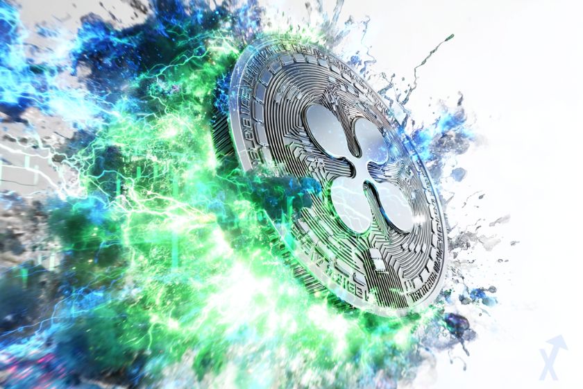 Gray 3D XRP coin with colorful electric explosion.
