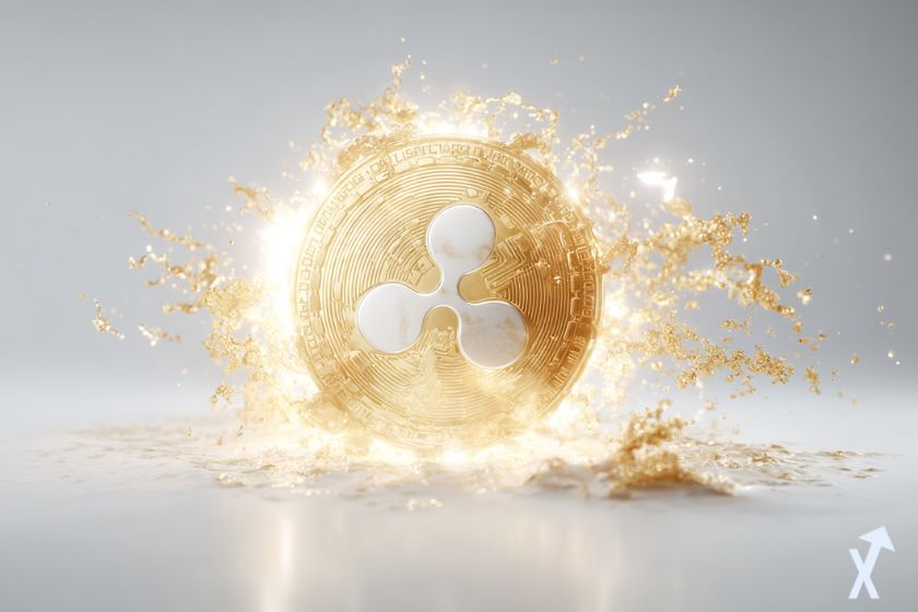 3D shiny gold XRP coin surrounded by gold glitter.