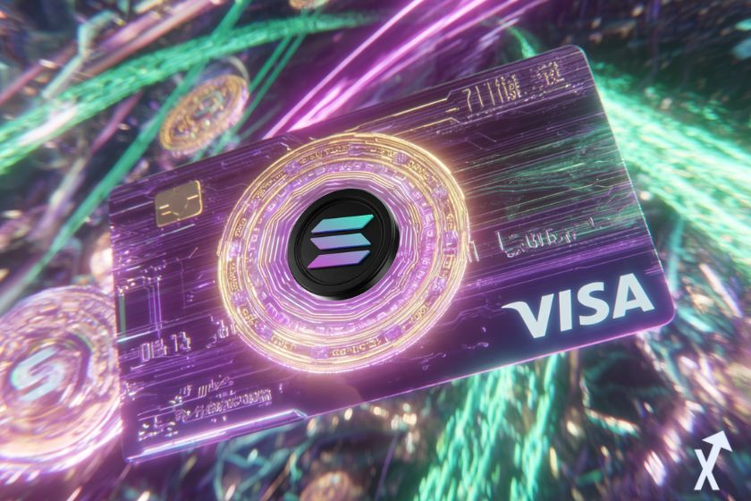 Giant Visa blue card with Solana logo in futuristic setting.