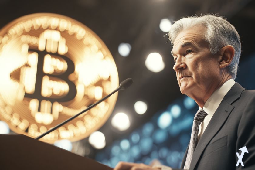 Jerome Powell at CPI conference with Bitcoin logo in background.