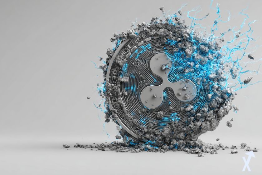 3D grey and blue XRP coin with blue electricity in grey environment.