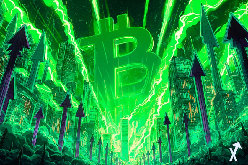 Green Bitcoin logo with upward arrows.