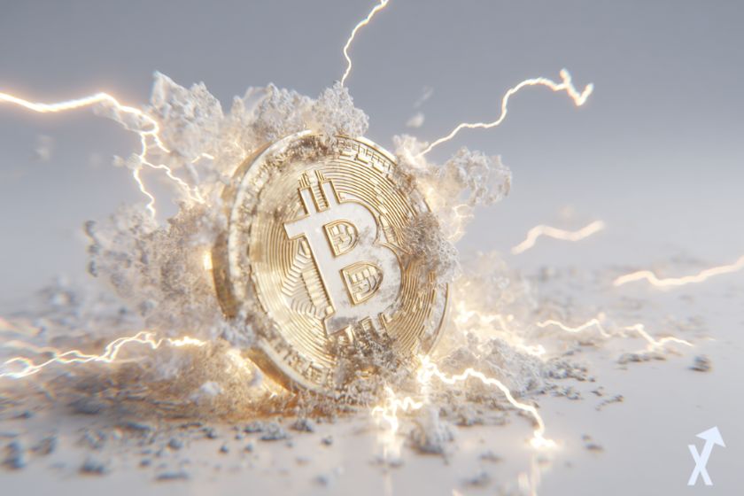 "3D bitcoin coin in shiny explosion"