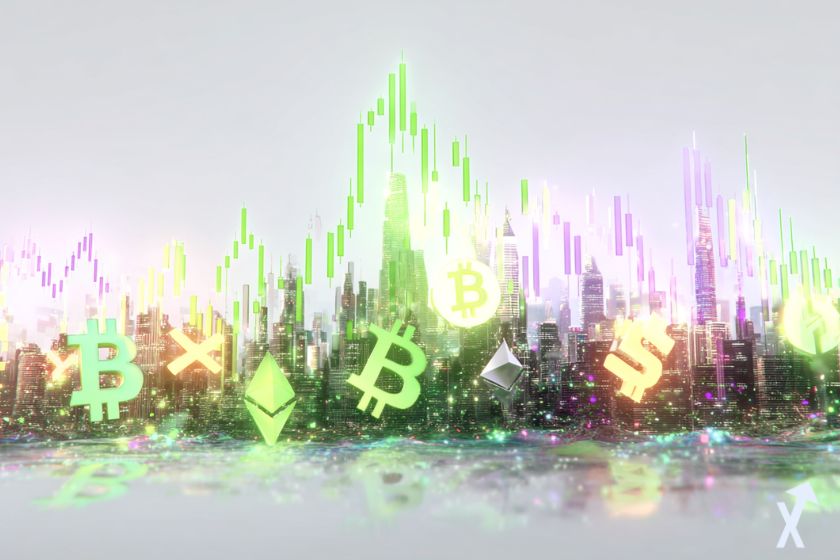 Colorful crypto logos with candles on light background.