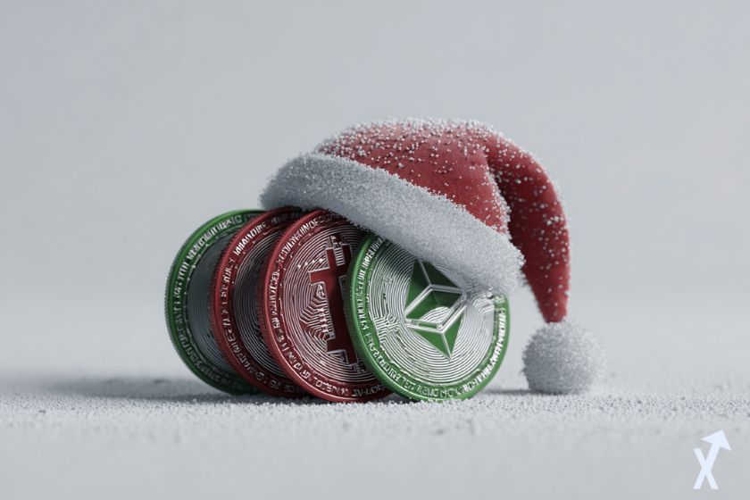 Green and red 3D Ethereum and Bitcoin coins with a Christmas hat in the snow.