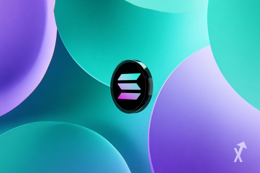 Black Solana token on pastel green and purple background with round shapes.