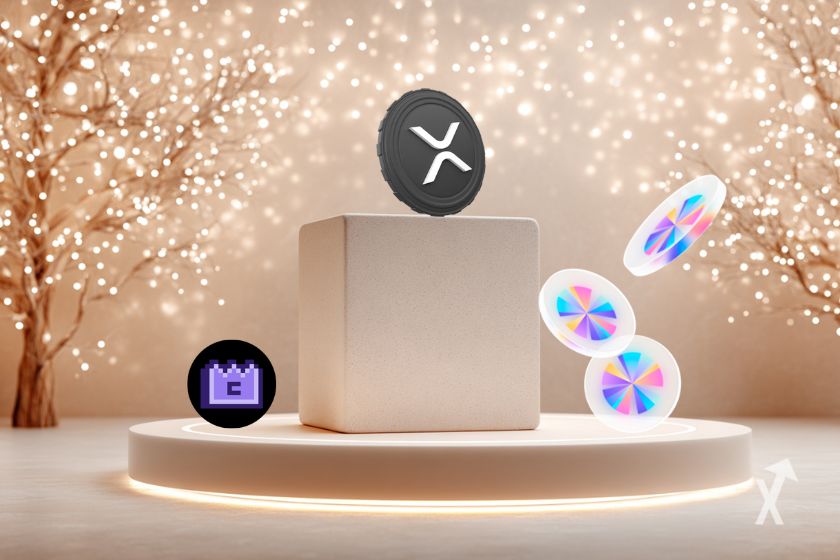 Cryptocurrencies on podium, Christmas trees background.