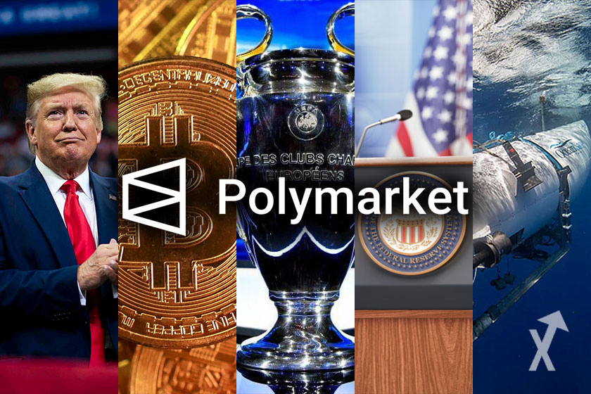 Cover image featuring Donald Trump, Bitcoin, Champion's League trophy, Fed office, Titanic submarine, and Polymarket logo.