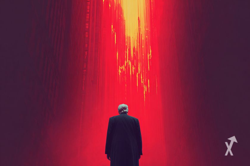 "Donald Trump in front of giant red wall"