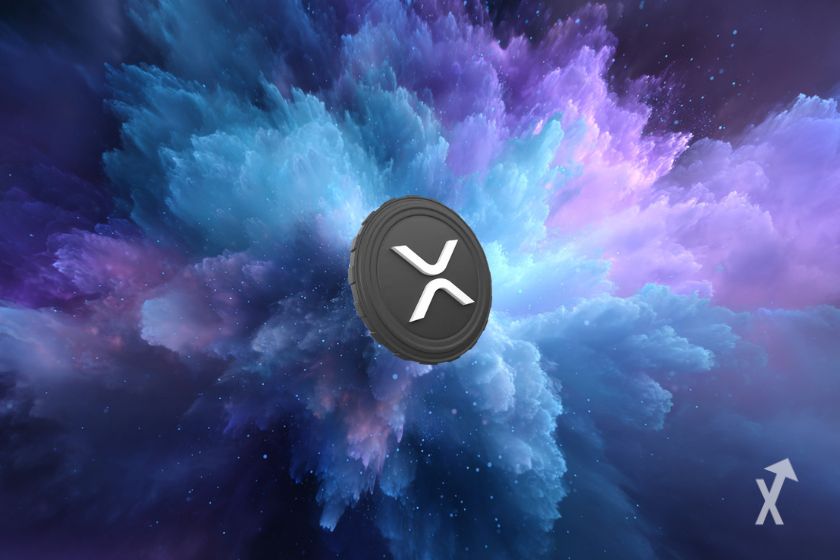 XRP grey token on blue and purple explosion.
