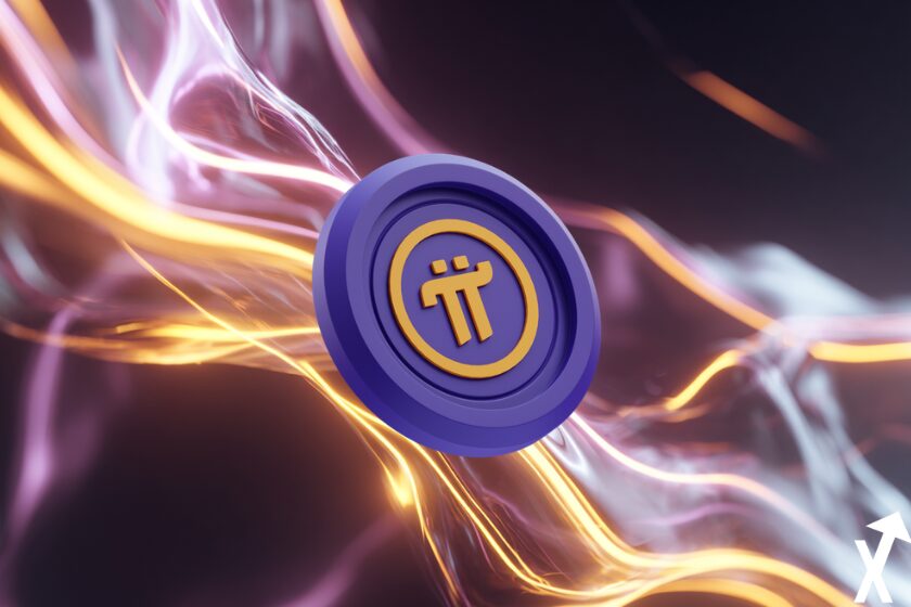Cryptocurrency pi coin in yellow, violet.