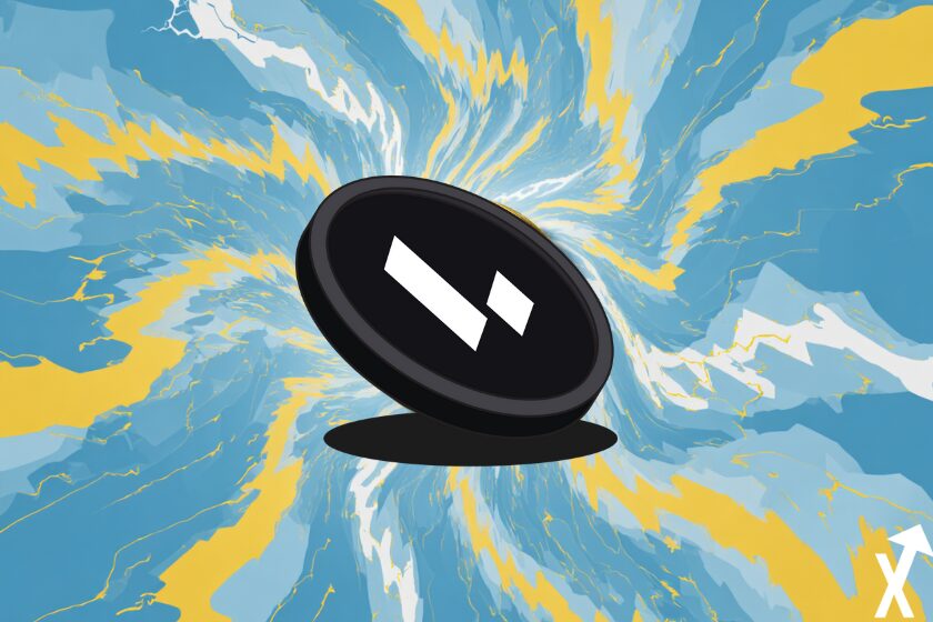 Black and white coin on blue yellow spiral background.