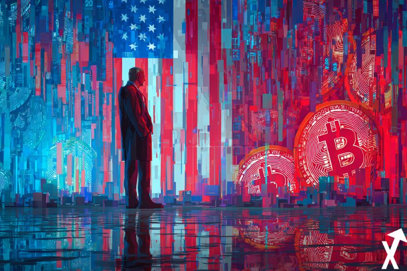 Bitcoin and USA flags on colorful background.