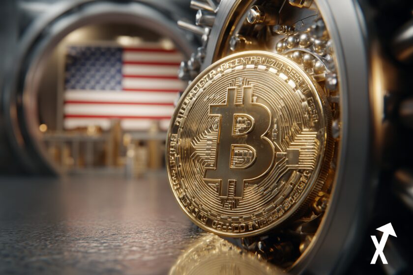 bitcoin sur fond coffre drapeau usa gold