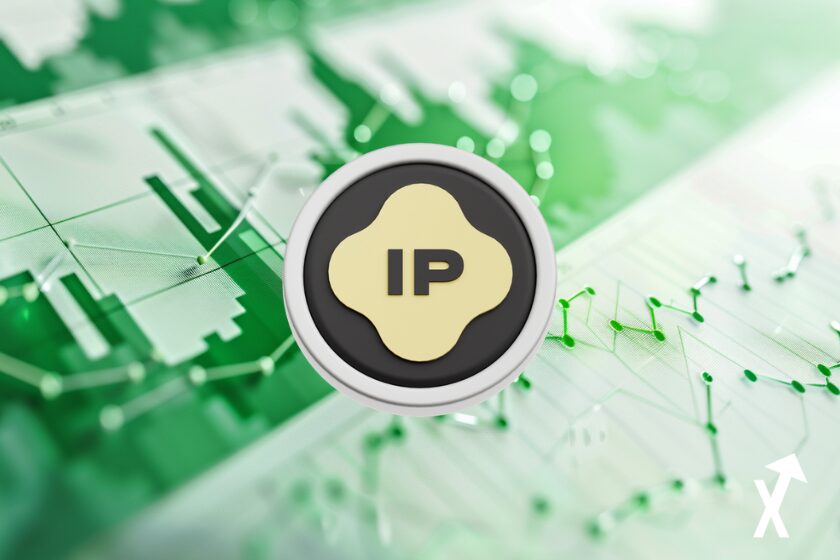story ip coin creme et noir sur fond trading chart vert blanc
