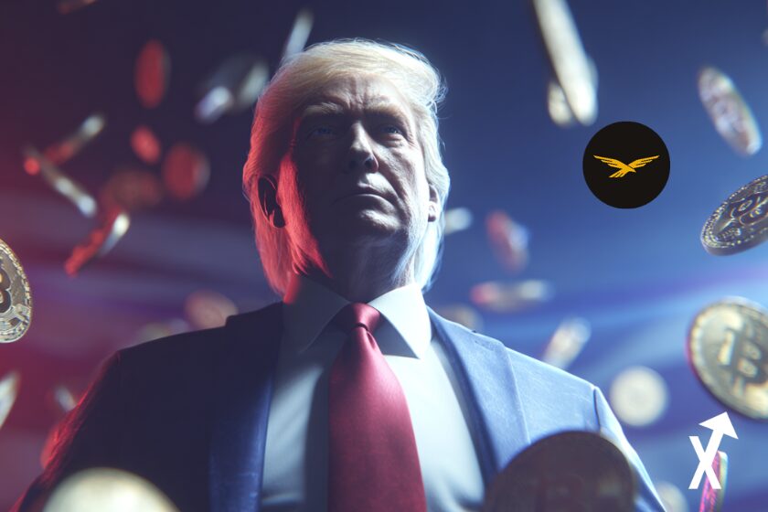 trump au centre wlfi token &agrave; droite sur fond usa bleu blanc rouge