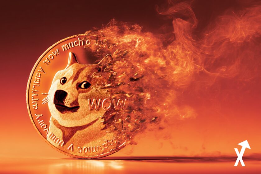 dogecoin coin en feu sur fond rouge orange danger