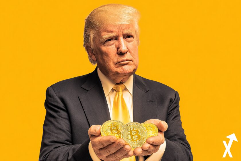 trump avec des bitcoins en main sur fond orange