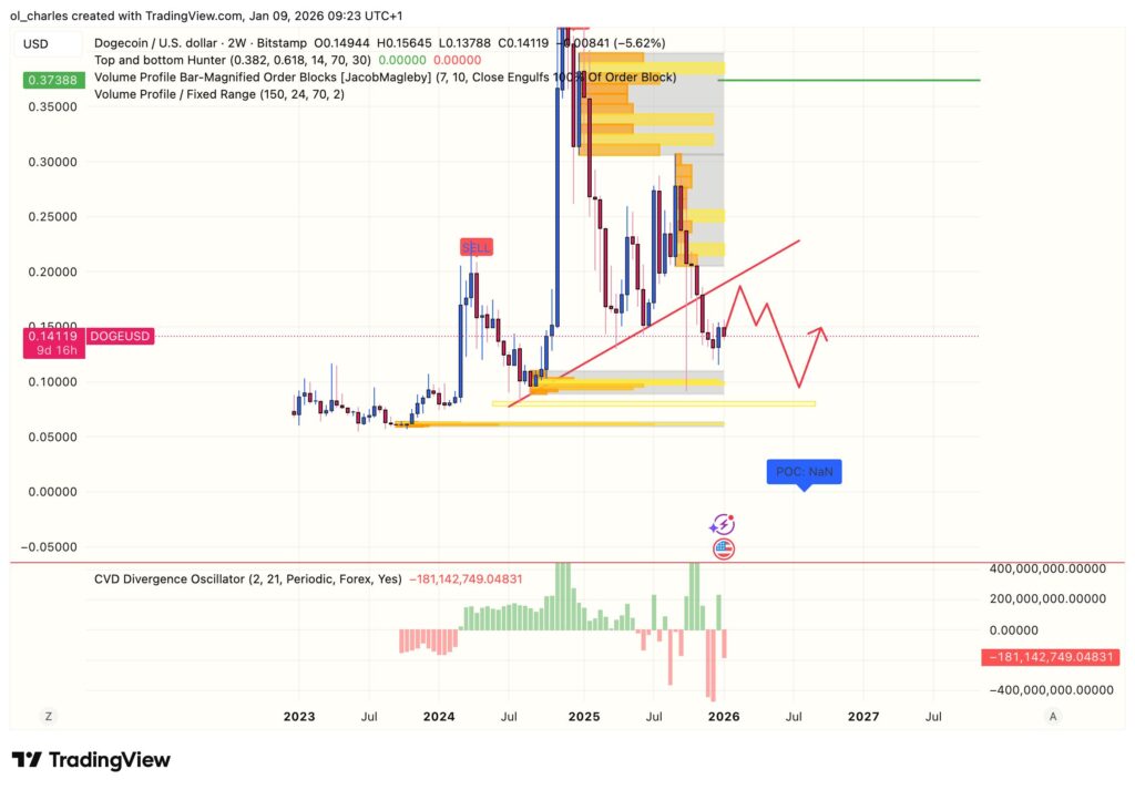 Dogecoin price chart showing order blocks and CVD over two weeks