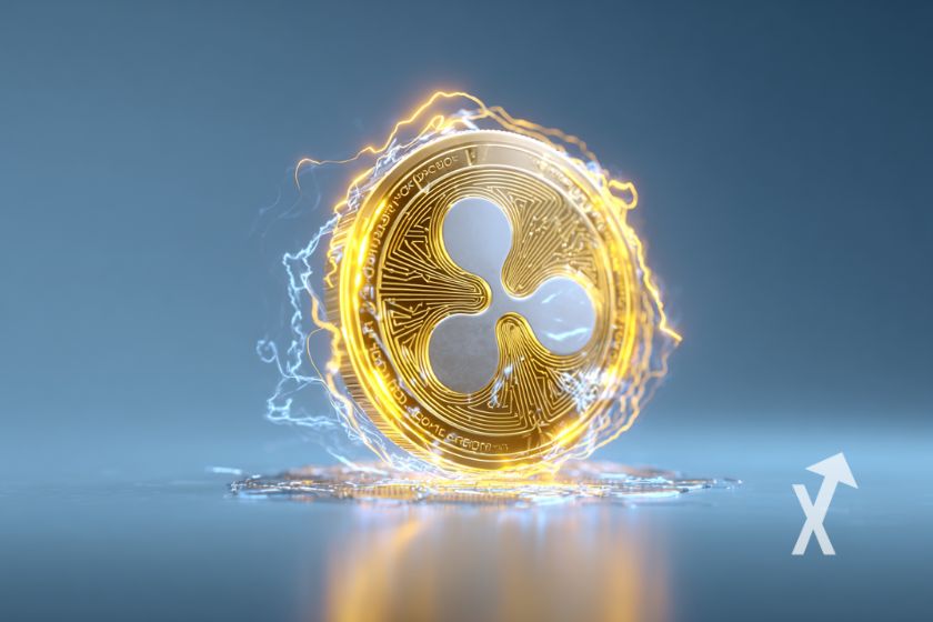 coin XRP en jaune avec &eacute;lectricit&eacute; sur un fond bleu