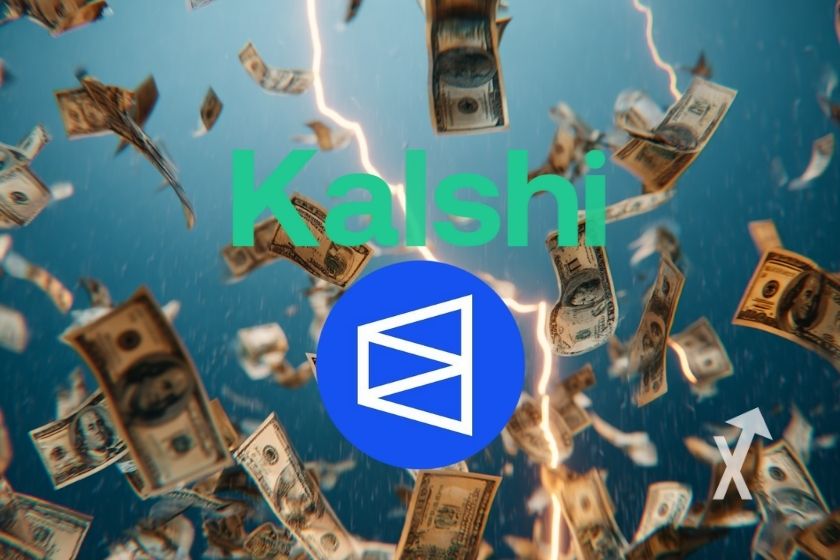 fond bleu avec des billets dollars partout et de l'&eacute;lecricit&eacute; et logo polymarket et Kalshi