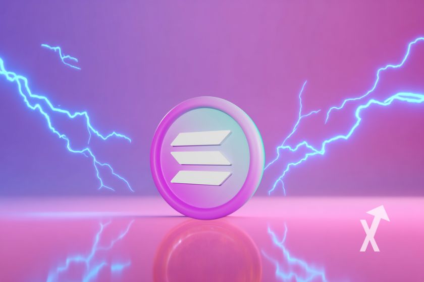 Coin solana en rose sur un fond rose avec &eacute;lectricit&eacute; bleue autour