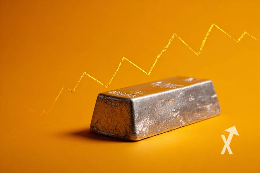 Lingot de silver sur un fond orange avec trendline jaune