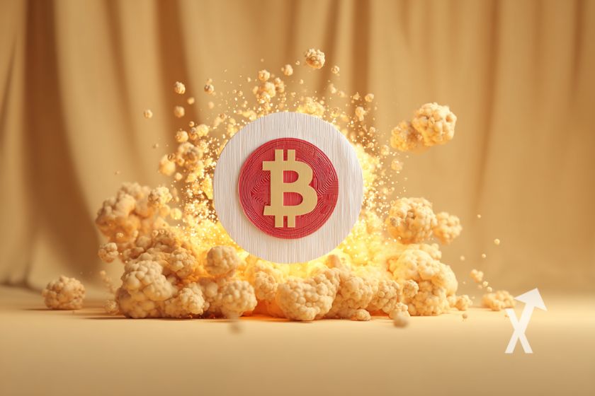 coin Bitcoin avec les couleur du drapeau du Japon sur un fond jaune avec de la fum&eacute;e orange derri&egrave;re