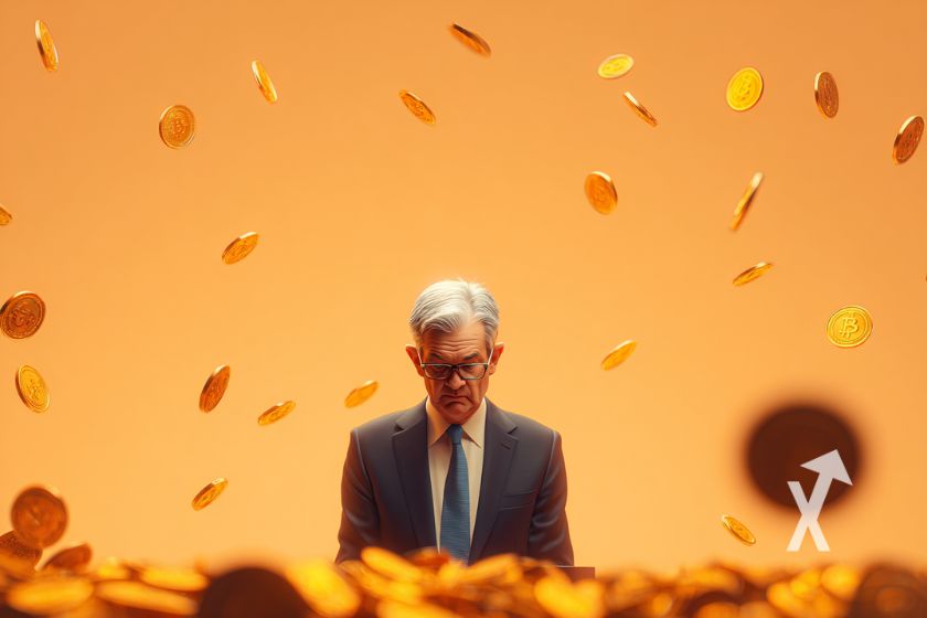 Jerome powell sur un fond orange et avec es coins Bitcoin qui volent