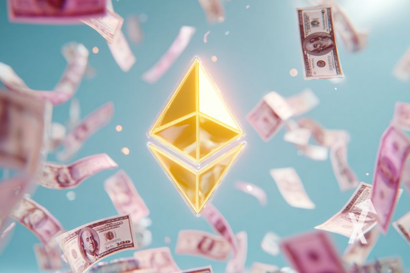 logo Ethereum sur un fond bleub avec billets dollars