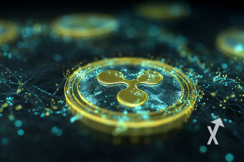 coin XRP avec &eacute;lectricit&eacute; bleue sur un fond digital bleu et noir