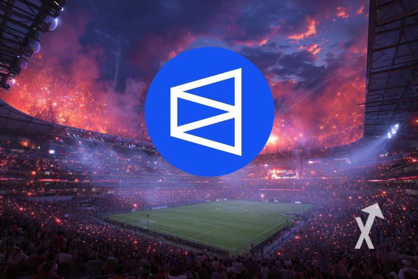 stade de foot dans ue ambiance rose et noire avec logo polymarket en grand dans le ciel