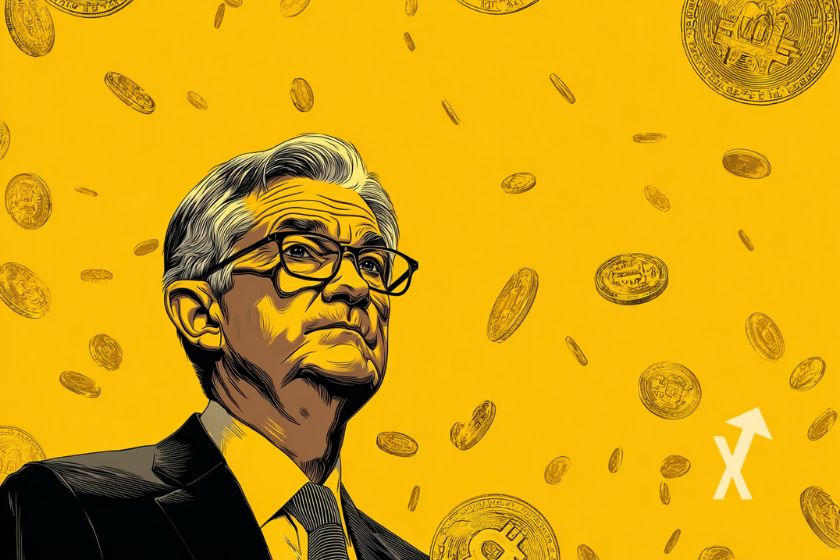 Powell sur un fond jaune avec crypto Bitcoin tokens