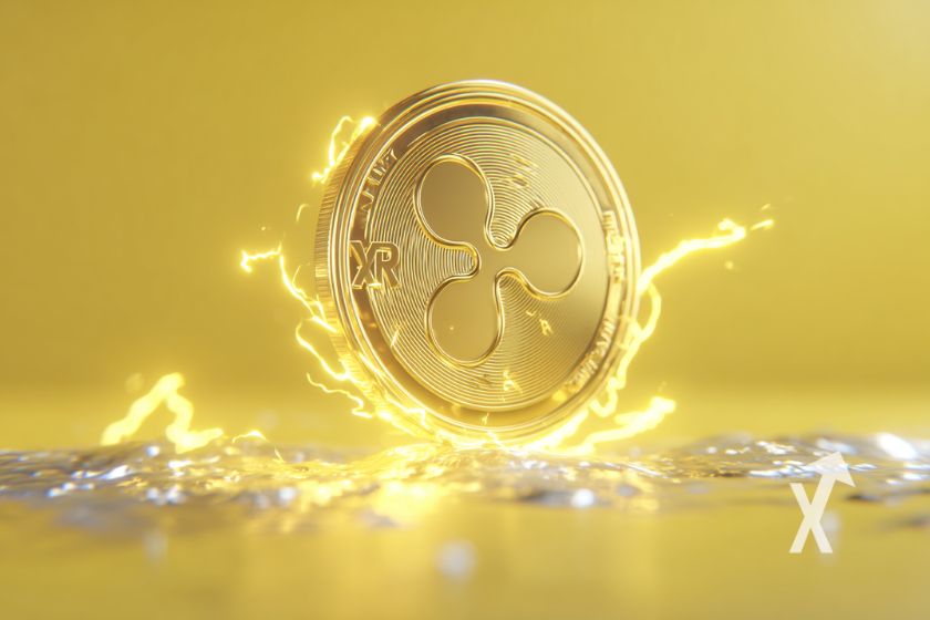 XRP coin en jaune avec &eacute;lectricit&eacute; jaune sur un fond jaune