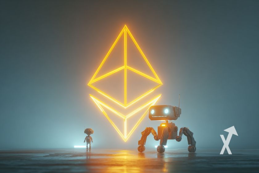 Ethereum logo en jaune sur un fond gris bleu avec robots IA