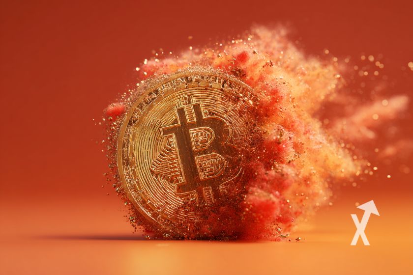 coin Bitcoin rouge sur un fond rouge avec fum&eacute;e rouge