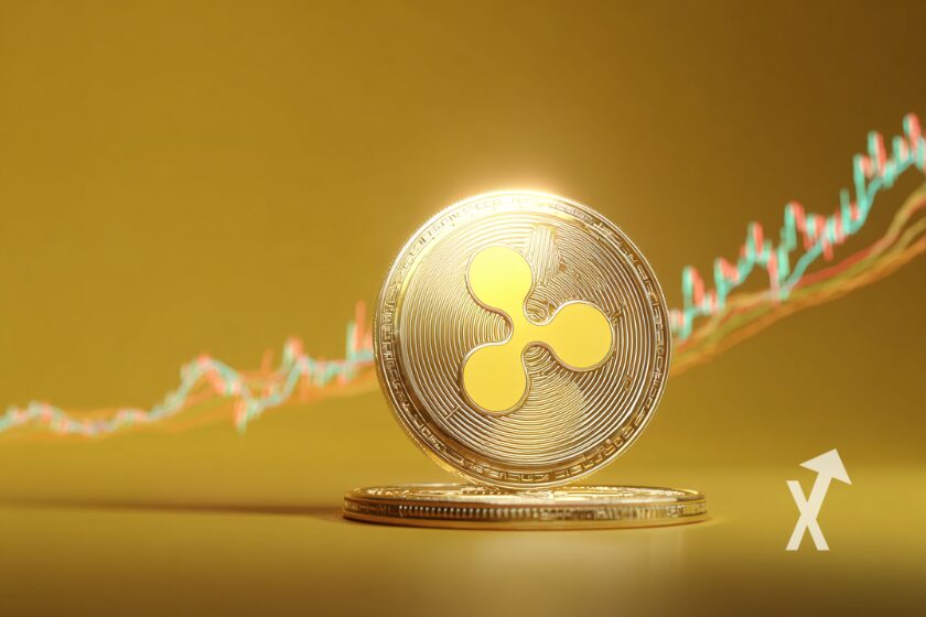 Yellow XRP coin on yellow background with candlestick chart.