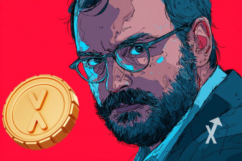 hoskinson, pdg de cardano, avec un air m&eacute;chant sur un fond rouge et un coin xrp jaune